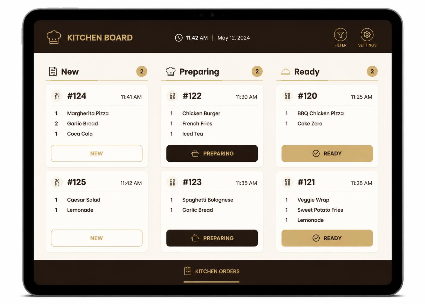Kitchen order tickets board with new, preparing and ready columns