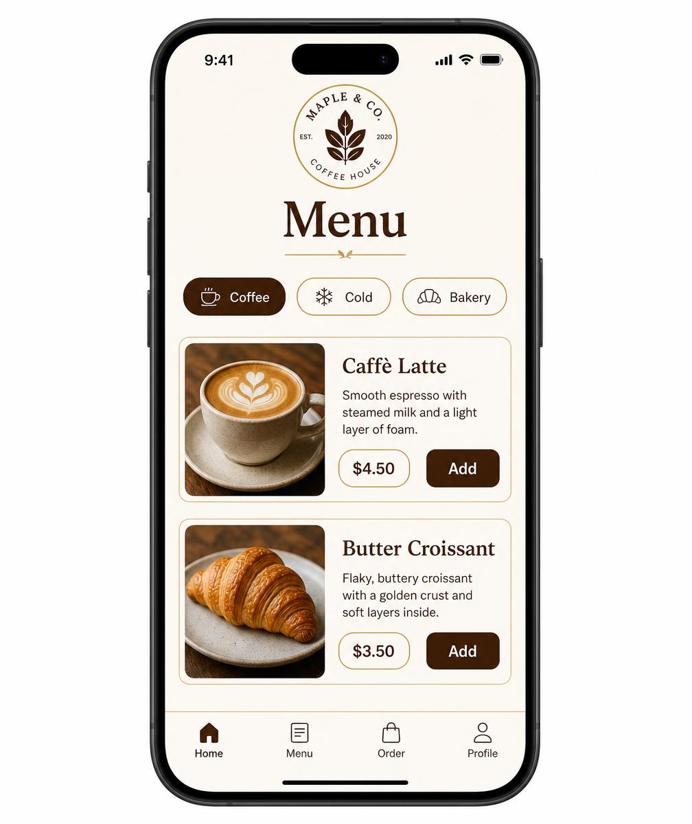 Branded coffee shop digital menu on a phone with categories and items