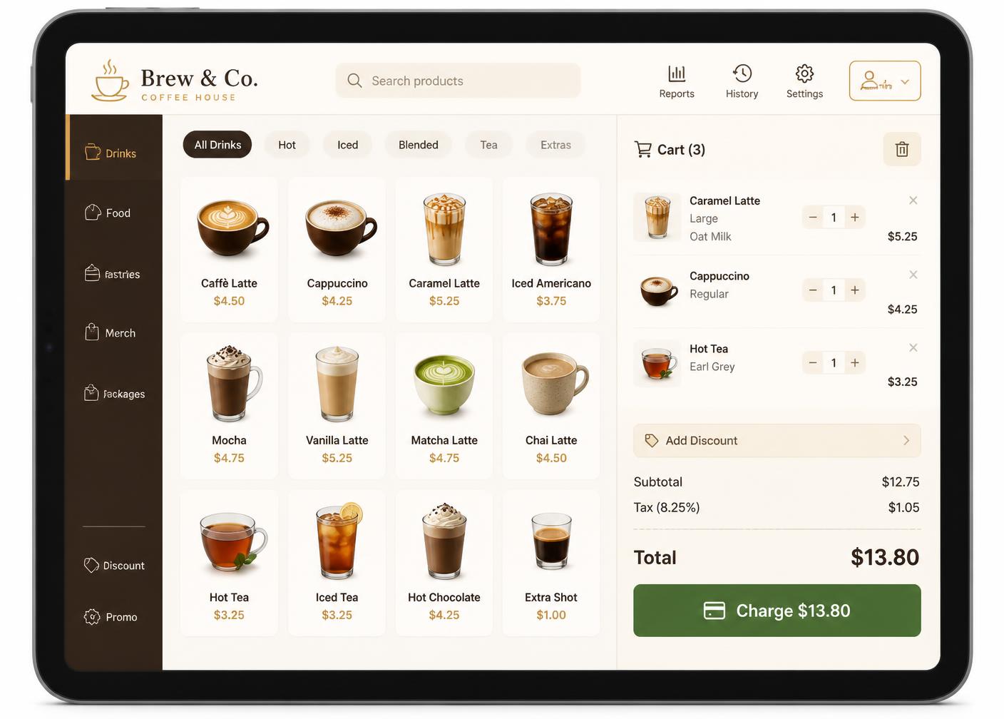 Cafe point of sale screen with product tiles and a cart